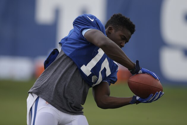 Indianapolis Colts' Phillip Dorsett makes a catch during NFL football training camp Monday, Aug. 10, 2015, in Anderson, Ind. (AP Photo/Darron Cummings)