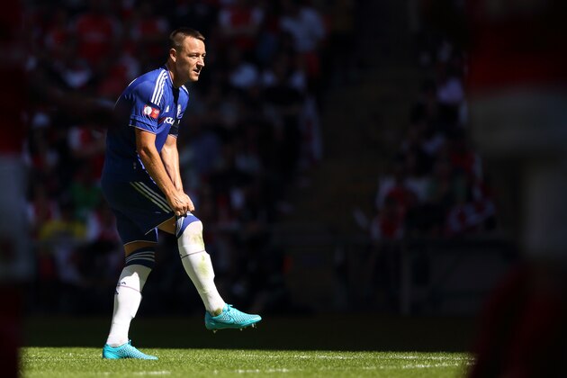 LONDON, ENGLAND -  AUGUST 2:  John Terry of Chelsea pulls up his socks during the FA Community Shield match between Chelsea and Arsenal at Wembley Stadium on August 2, 2015 in London, England.  (Photo by Matthew Ashton - AMA/Getty Images)