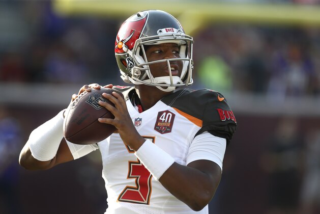 Tampa Bay Buccaneers quarterback Jameis Winston throws during warmups before a preseason NFL football game against the Minnesota Vikings at TCF Bank Stadium Saturday, Aug. 15, 2015,  in Minneapolis. (AP Photo/Jim Mone)