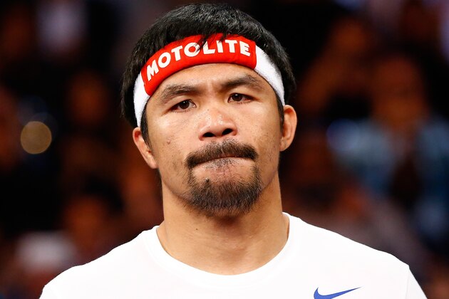 LAS VEGAS, NV - MAY 02:  Manny Pacquiao in the ring before the welterweight unification championship bout on May 2, 2015 at MGM Grand Garden Arena in Las Vegas, Nevada.  (Photo by Al Bello/Getty Images)