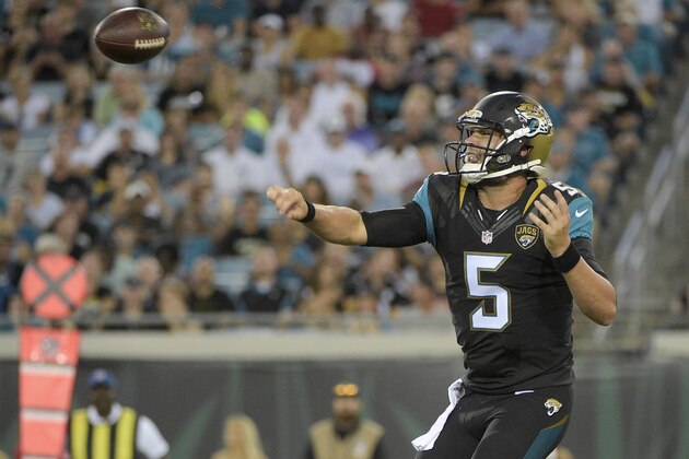 Jacksonville Jaguars quarterback Blake Bortles throws a pass against the Pittsburgh Steelers during the first half of an NFL preseason football game, Friday, Aug. 14, 2015, in Jacksonville, Fla. (AP Photo/Phelan M. Ebenhack)