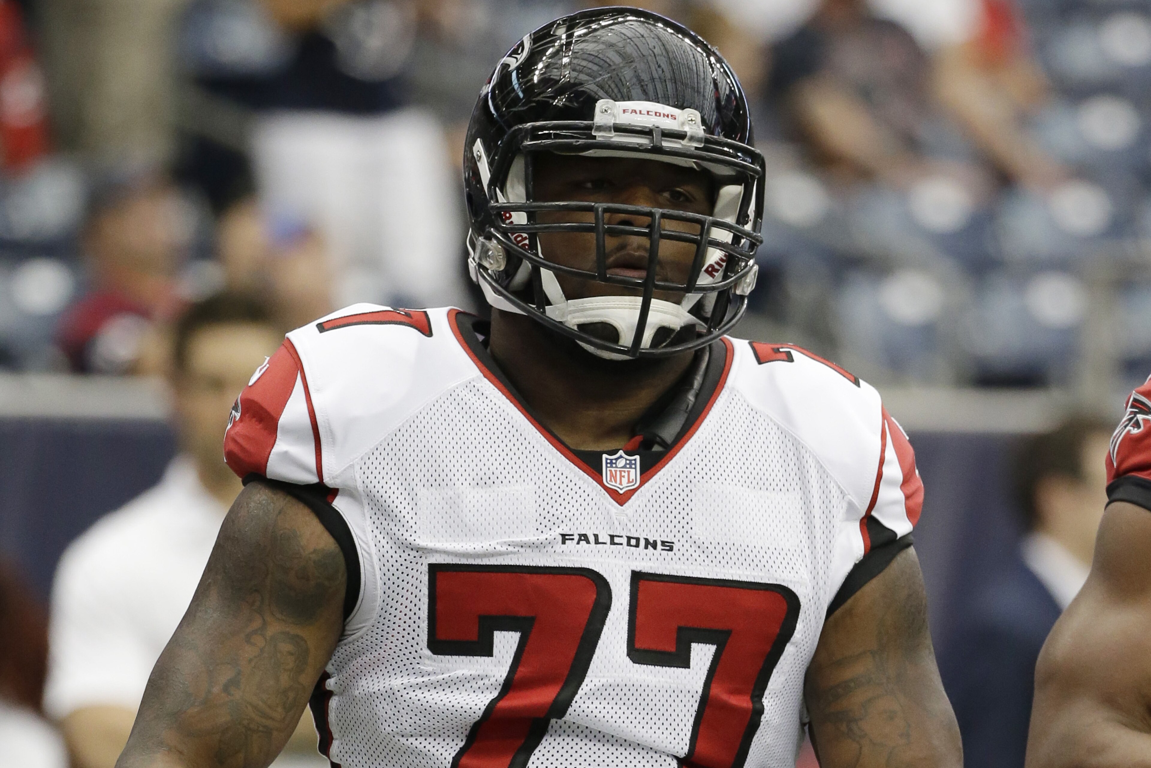 Atlanta Falcons' Ra'Shede Hageman before an NFL preseason football game against the Houston Texans,  Saturday, Aug. 16, 2014, in Houston. (AP Photo/David J. Phillip)