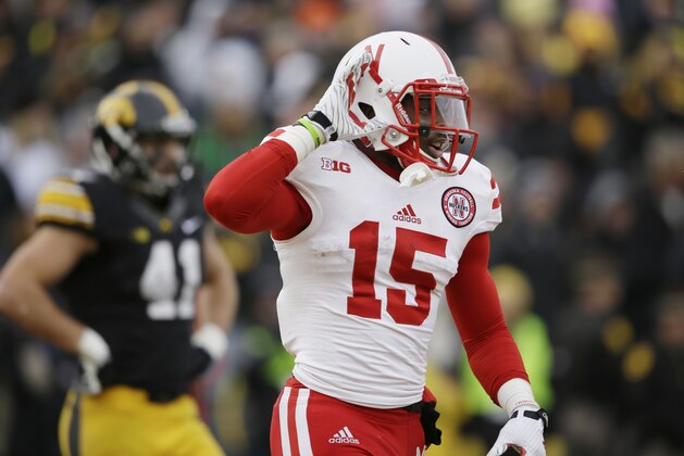 Nebraska wide receiver De'Mornay Pierson-El reacts after returning a punt 80-yards for a touchdown during the second half of an NCAA college football game against Iowa, Friday, Nov. 28, 2014, in Iowa City, Iowa. Nebraska won 37-34 in overtime. (AP Photo/Charlie Neibergall)
