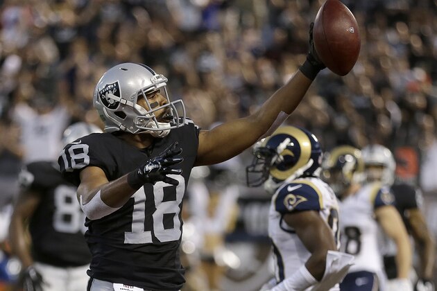 Oakland Raiders wide receiver Andre Holmes (18) celebrates after catching a touchdown against the St. Louis Rams during the first half of an NFL preseason football game in Oakland, Calif., Friday, Aug. 14, 2015. (AP Photo/Ben Margot)