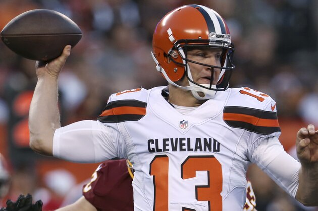 Cleveland Browns quarterback Josh McCown throws during the first quarter of an NFL preseason football game against the Washington Redskins, Thursday, Aug. 13, 2015, in Cleveland. (AP Photo/Ron Schwane)