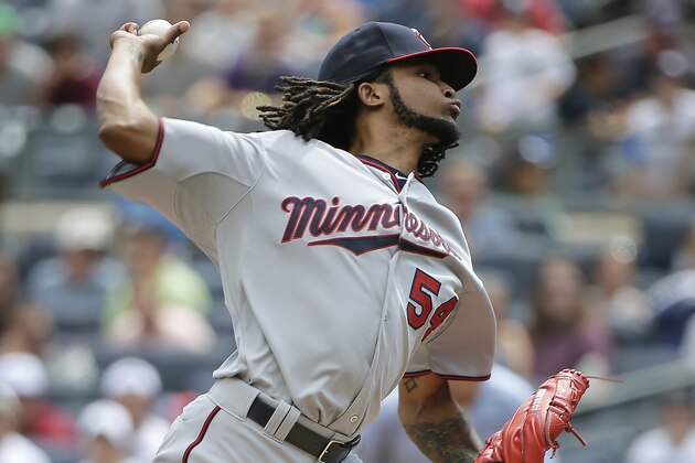 Minnesota Twins pitcher Ervin Santana delivers against the New York Yankees during the first inning of a baseball game, Wednesday, Aug. 19, 2015, in New York. (AP Photo/Julie Jacobson)