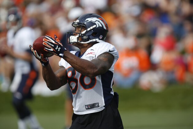 Denver Broncos wide receiver Demaryius Thomas (88) during drills at the team's NFL football training camp Thursday, Aug. 6, 2015, in Englewood, Colo. (AP Photo/David Zalubowski)