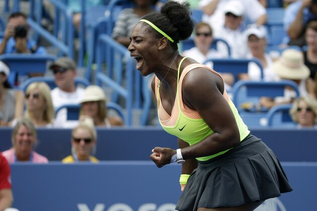 Serena Williams, of the United States, reacts after winning a game against Tsvetana Pironkova, of Bulgaria, at the Western & Southern Open tennis tournament, Wednesday, Aug. 19, 2015, in Mason, Ohio. (AP Photo/John Minchillo)