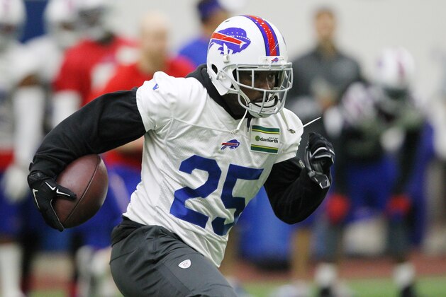 FILE - In this June 16, 2015, file photo, Buffalo Bills running back LeSean McCoy (25) takes part in drills during an NFL football minicamp in Orchard Park, N.Y. (AP Photo/Bill Wippert, File)