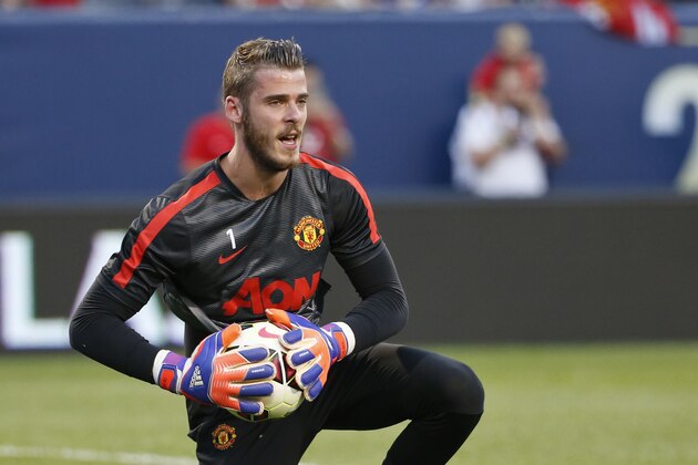 Manchester United goalkeeper David De Gea warms up before an International Champions Cup soccer match against Paris Saint-Germain on Wednesday, July 29, 2015, in Chicago. (AP Photo/Kamil Krzaczynski)