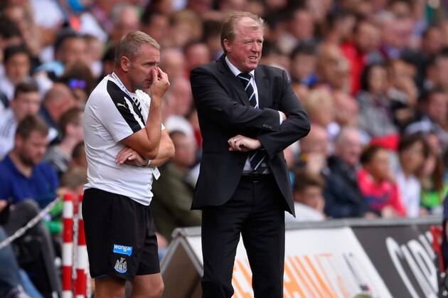 SWANSEA, WALES - AUGUST 15:  Newcastle coach Steve McClaren and assistant Paul Simpson (l) look on during the Barclays Premier League match between Swansea City and Newcastle United at the Liberty stadium on August 15, 2015 in Swansea, United Kingdom.  (Photo by Stu Forster/Getty Images)
