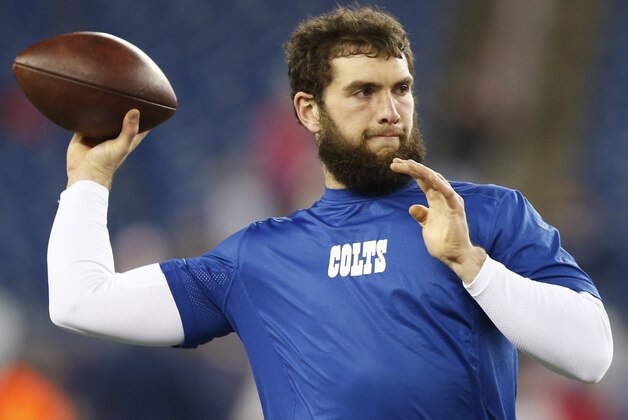 Indianapolis Colts quarterback Andrew Luck warms up before the NFL football AFC Championship game between the Colts and the New England Patriots Sunday, Jan. 18, 2015, in Foxborough, Mass. (AP Photo/Julio Cortez)