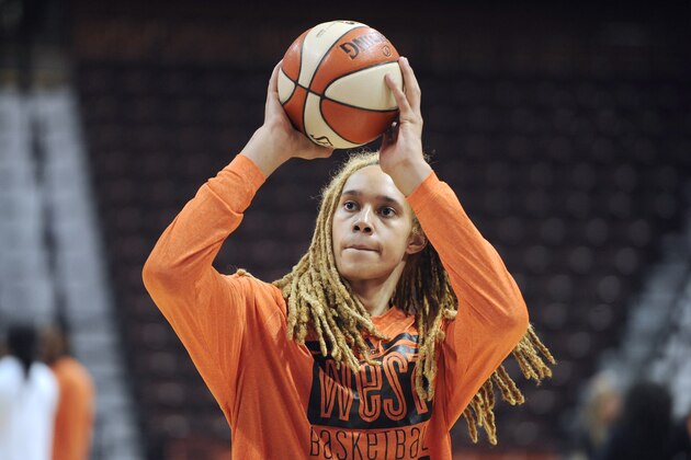 West’s Brittney Griner, of the Phoenix Mercury, warms up before the WNBA All-Star basketball game, Saturday, July 25, 2015, in Uncasville, Conn. (AP Photo/Jessica Hill)