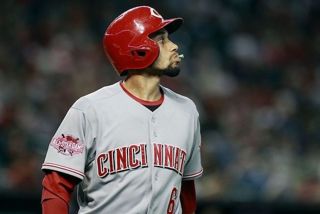 Cincinnati Reds' Billy Hamilton looks towards the pitchers mound after striking out against the Arizona Diamondbacks during the tenth inning of a baseball game, Sunday, Aug. 9, 2015, in Phoenix. The Diamondbacks defeated the Reds 4-3 in ten innings. (AP Photo/Ralph Freso)
