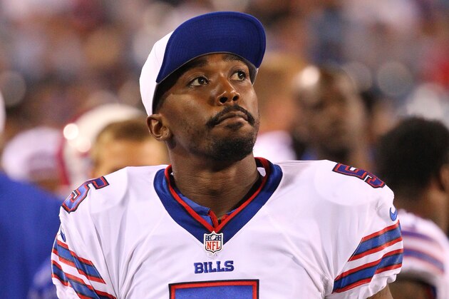 Buffalo Bills quarterback Tyrod Taylor warms up on the sidelines during an NFL preseason football game against the Carolina Panthers on Friday, Aug. 14, 2015, in Orchard Park, N.Y. (AP Photo/Bill Wippert)