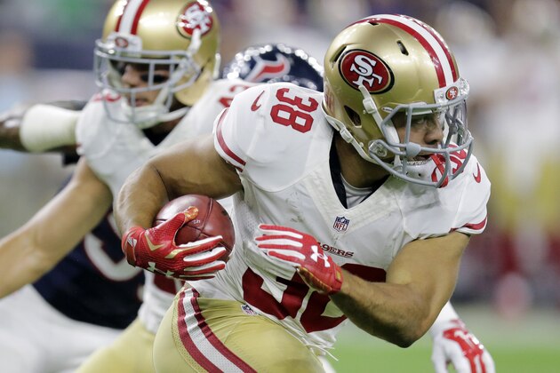 San Francisco 49ers' Jarryd Hayne runs against the Houston Texans during the first half of an NFL preseason football game, Saturday, Aug. 15, 2015, in Houston. (AP Photo/Patric Schneider)