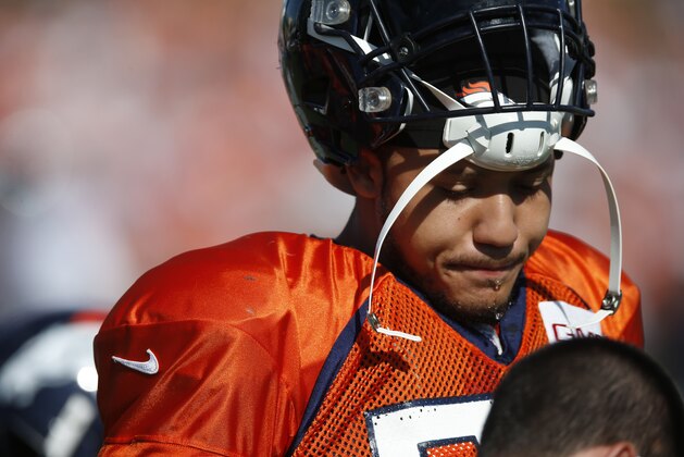 Denver Broncos linebacker Shane Ray (56) during a morning session at the team's NFL training camp Sunday, Aug. 9, 2015, in Englewood, Colo. (AP Photo/David Zalubowski)