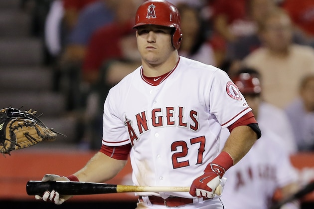 Los Angeles Angels' Mike Trout bats against the Chicago White Sox during a baseball game in Anaheim, Calif., Wednesday, Aug. 19, 2015. (AP Photo/Chris Carlson)