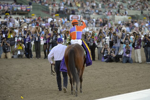 Jockey Gary Stevens celebrates after Beholder won the Breeders' Cup Distaff horse race at Santa Anita Park Friday, Nov. 1, 2013, in Arcadia, Calif. (AP Photo/Mark J. Terrill)