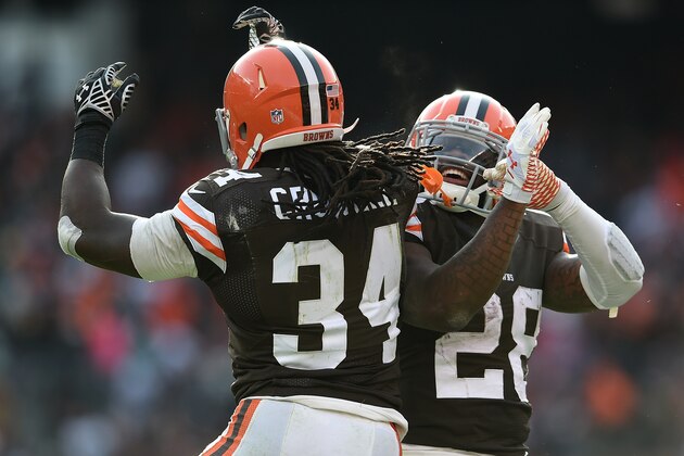 CLEVELAND, OH - DECEMBER 07:  Isaiah Crowell #34 of the Cleveland Browns celebrates his touchdown with Terrance West #28 during the second quarter against the Indianapolis Colts at FirstEnergy Stadium on December 7, 2014 in Cleveland, Ohio.  (Photo by Jason Miller/Getty Images)