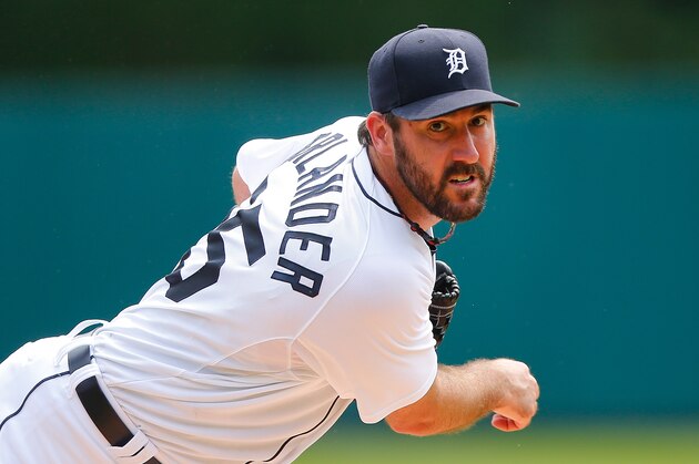 DETROIT, MI - AUGUST 9: Justin Verlander #35 of the Detroit Tigers warms up prior to the start of the game against the Boston Red Sox on August 9, 2015 at Comerica Park in Detroit, Michigan. The Red Sox defeated the Tigers 7-2. (Photo by Leon Halip/Getty Images)