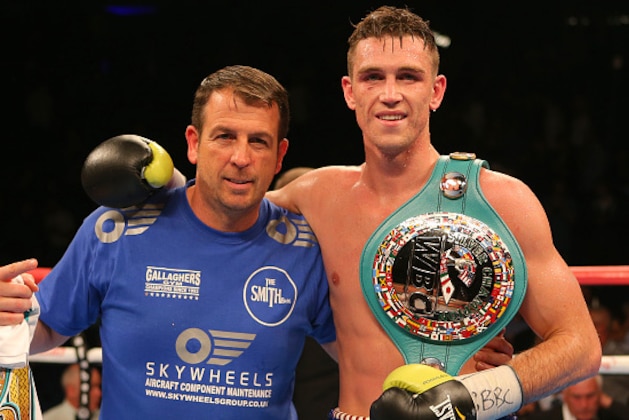 LIVERPOOL, ENGLAND - JUNE 26: Callum Smith with trainer Joe Gallagher after beating Christopher Rebrasse during their WBC Silver Super Middleweight Championship contest at the Echo Arena on June 26, 2015 in Liverpool, England. (Photo by Dave Thompson/Getty Images)