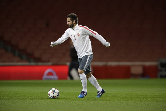 AS Monaco's Joao Moutinho takes part in a Champions League soccer training session at the Emirates Stadium in London, Tuesday, Feb. 24, 2015. Arsenal face AS Monaco in a round of 16 Champions League soccer match in London on Wednesday. (AP Photo/Matt Dunham)