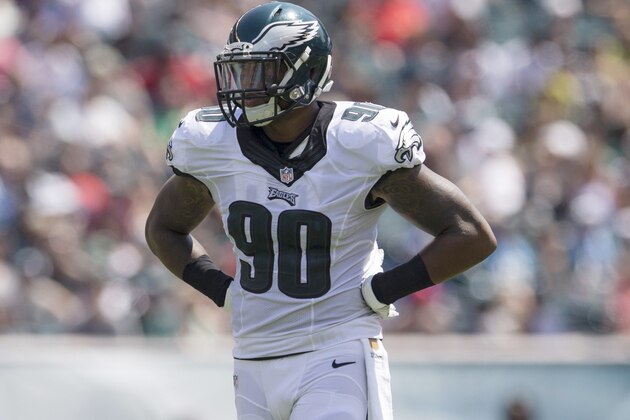 PHILADELPHIA, PA - AUGUST 16: Marcus Smith #90 of the Philadelphia Eagles plays in the game against the Indianapolis Colts on August 16, 2015 at Lincoln Financial Field in Philadelphia, Pennsylvania.  (Photo by Mitchell Leff/Getty Images)