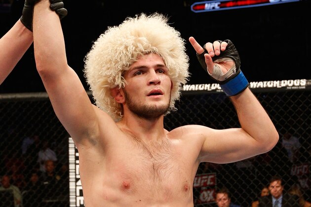 ORLANDO, FL - APRIL 19:  Khabib Nurmagomedov reacts after his victory over Rafael dos Anjos in their lightweight bout during the FOX UFC Saturday event at the Amway Center on April 19, 2014 in Orlando, Florida. (Photo by Josh Hedges/Zuffa LLC/Zuffa LLC via Getty Images)