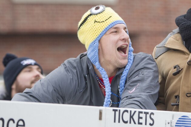 BOSTON, MA - FEBRUARY 4:  Patriots tight end Rob Gronkowski yells to fans during the New England Patriots victory parade on February 4, 2015 in Boston, Massachusetts. (Photo by Scott Eisen/Getty Images)