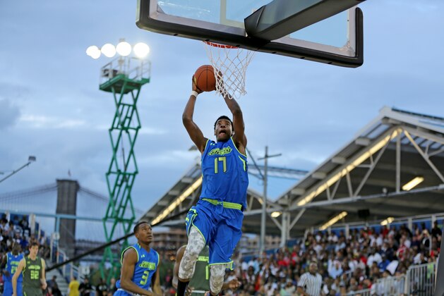 Team Freedom's Josh Jackson #17 in action against Team Liberty during the Under Armour Elite 24 Game on Saturday, August 23, 2014 in Brooklyn, NY.  (AP Photo/Gregory Payan)