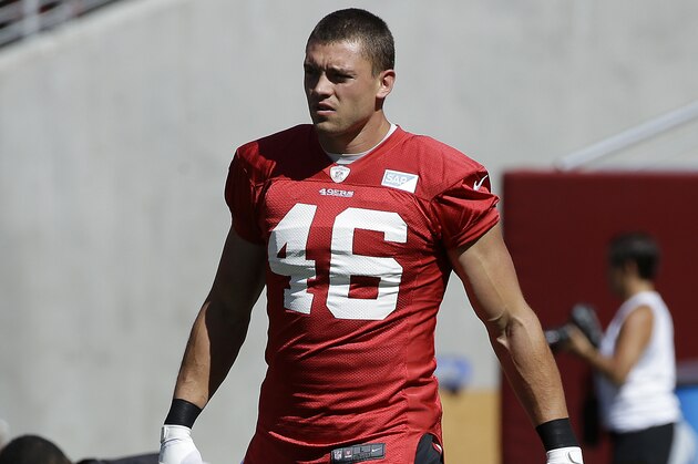 San Francisco 49ers tight end Derek Carrier (46) during the team's NFL football training camp in Santa Clara, Calif., Sunday, Aug. 2, 2015. (AP Photo/Jeff Chiu)