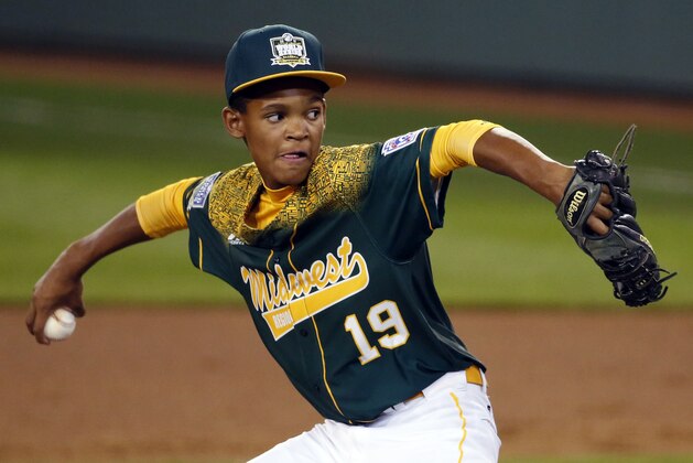 Webb City, Missouri's Devrin Weathers delivers during the second inning of a baseball game in United States pool play against Lewisberry, Pennsylvania at the Little League World Series tournament in South Williamsport, Pa., Friday, Aug. 21, 2015. (AP Photo/Gene J. Puskar)
