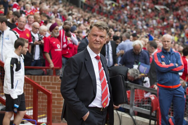 Manchester United's manager Louis van Gaal takes to the touchline before his team's English Premier League soccer match between Manchester United and Newcastle at Old Trafford Stadium, Manchester, England, Saturday, Aug. 22, 2015. (AP Photo/Jon Super)