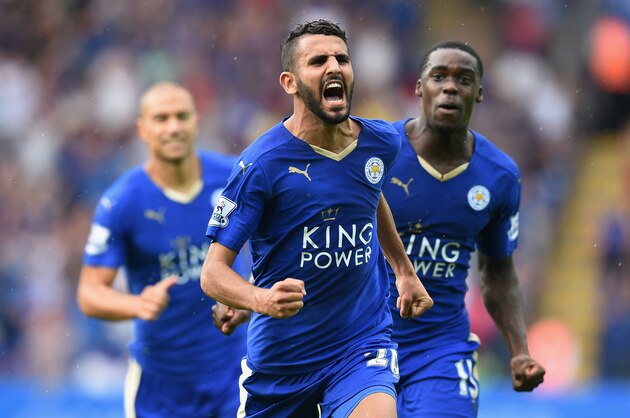 LEICESTER, ENGLAND - AUGUST 22:  Riyad Mahrez of Leicester City celebrates scoring his team's first goal  during the Barclays Premier League match between Leicester City and Tottenham Hotspur at The King Power Stadium on August 22, 2015 in Leicester, England.  (Photo by Michael Regan/Getty Images)