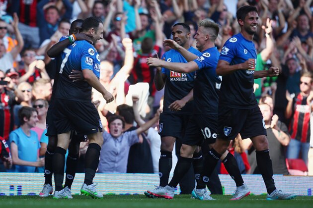 LONDON, ENGLAND - AUGUST 22:  Marc Pugh (2nd L) of Bournemouth celebrates scoring his team's third goal from the penalty spot with his team mates during the Barclays Premier League match between West Ham United and A.F.C. Bournemouth at the Boleyn Ground on August 22, 2015 in London, England.  (Photo by Charlie Crowhurst/Getty Images)
