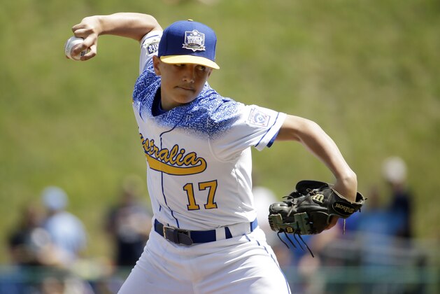 Australia's Blake Cavill pitches during the first inning of an International pool play baseball game against Venezuela at the Little League World Series, Friday, Aug. 21, 2015, in South Williamsport, Pa. Venezuela won 5-2. (AP Photo/Matt Slocum)