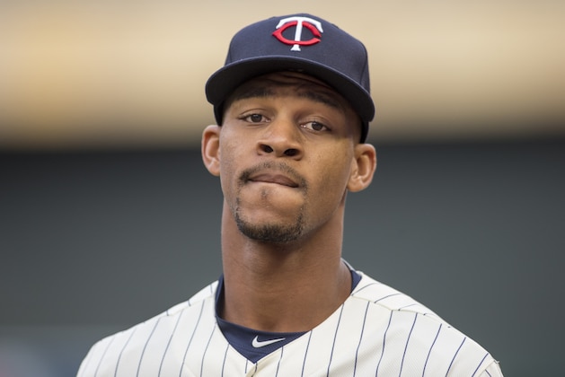 Minnesota Twins center fielder Byron Buxton prepares before his first home baseball game against the St. Louis Cardinals Wednesday, June 17, 2015, in Minneapolis. The Twins win 3-1. (AP Photo/Bruce Kluckhohn)