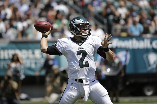 Philadelphia Eagles' Matt Barkley passes during the first half of a preseason NFL football game against the Indianapolis Colts, Sunday, Aug. 16, 2015, in Philadelphia. (AP Photo/Michael Perez)