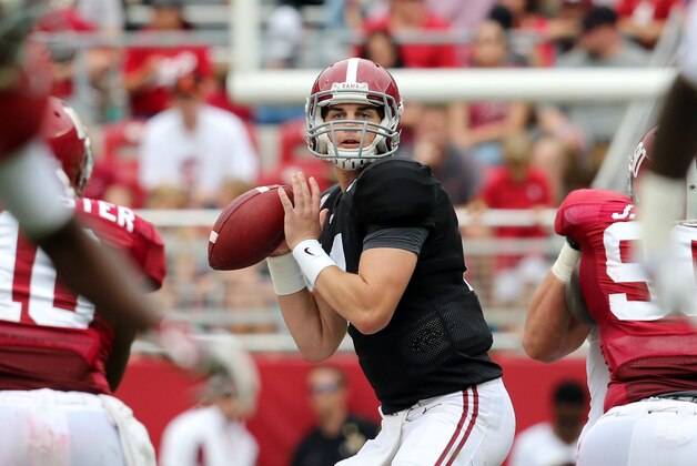 Apr 18, 2015; Tuscaloosa, AL, USA; Alabama Crimson Tide quarterback Jake Coker (14) drops back to pass against the crimson team during the annual A-day game at Bryant Denny Stadium. Mandatory Credit: Marvin Gentry-USA TODAY Sports