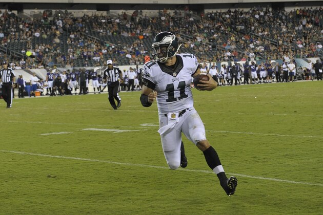 Philadelphia Eagles' Tim Tebow in action during the second half of a preseason NFL football game against the Baltimore Ravens, Saturday, Aug. 22, 2015, in Philadelphia. (AP Photo/Michael Perez)