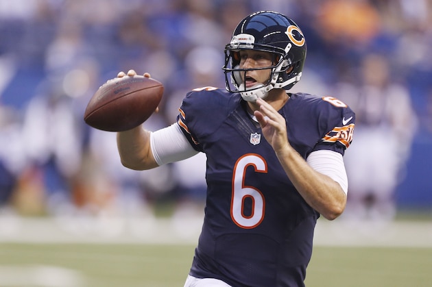 Aug 22, 2015; Indianapolis, IN, USA; Chicago Bears quarterback Jay Cutler (6) scrambles out of the pocket against the Indianapolis Colts at Lucas Oil Stadium. Mandatory Credit: Brian Spurlock-USA TODAY Sports