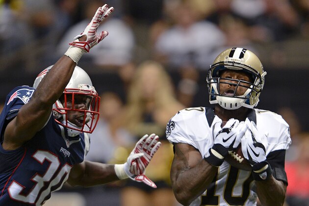 New Orleans Saints wide receiver Brandin Cooks (10) pulls in a touchdown reception in front of New England Patriots strong safety Duron Harmon (30) in the first half of a preseason NFL football game in New Orleans, Saturday, Aug. 22, 2015. (AP Photo/Bill Feig)
