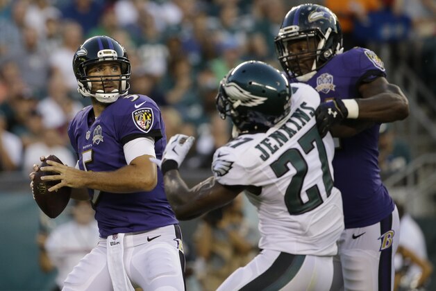 Baltimore Ravens' Joe Flacco in action during the first half of a preseason NFL football game against the Philadelphia Eagles, Saturday, Aug. 22, 2015, in Philadelphia. (AP Photo/Matt Rourke)