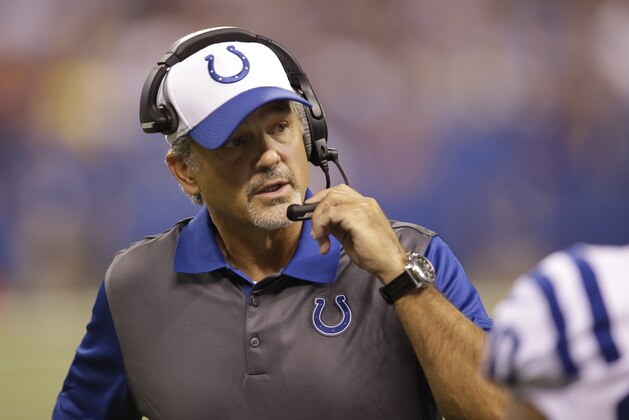 Indianapolis Colts head coach Chuck Pagano in the first half of an NFL preseason football game against the Chicago Bears in Indianapolis, Saturday, Aug. 22, 2015.  (AP Photo/AJ Mast)