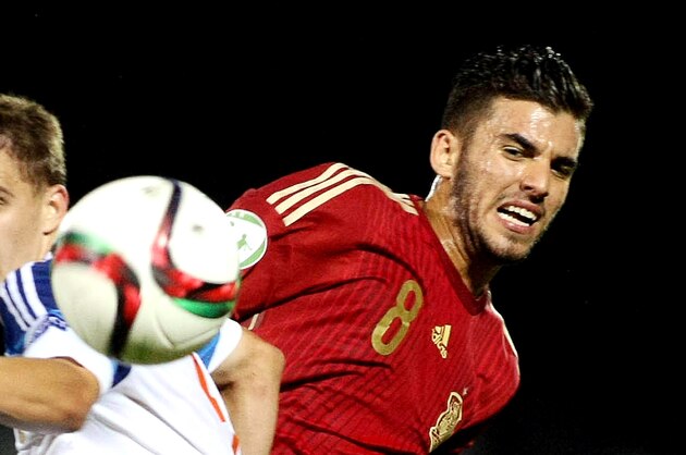 Russia's Denis Yakuba (L) vies for the ball with Spain's Dani Ceballos (R) during the UEFA 2015 European U-19 Championship final football match between Russia and Spain at the Municipal Stadium in Katerini, Greece, on July 19, 2015. AFP PHOTO / STRINGER        (Photo credit should read STRINGER/AFP/Getty Images)