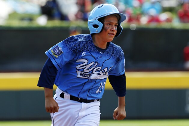 Bonita, California's Nick Maldonado (18) rounds third after after hitting a grand slam off Bowling Green, Kentucky's Ty Bryant during the third inning of a baseball game in United States pool play at the Little League World Series tournament in South Williamsport, Pa., Friday, Aug. 21, 2015. The West won 14-2. (AP Photo/Gene J. Puskar)