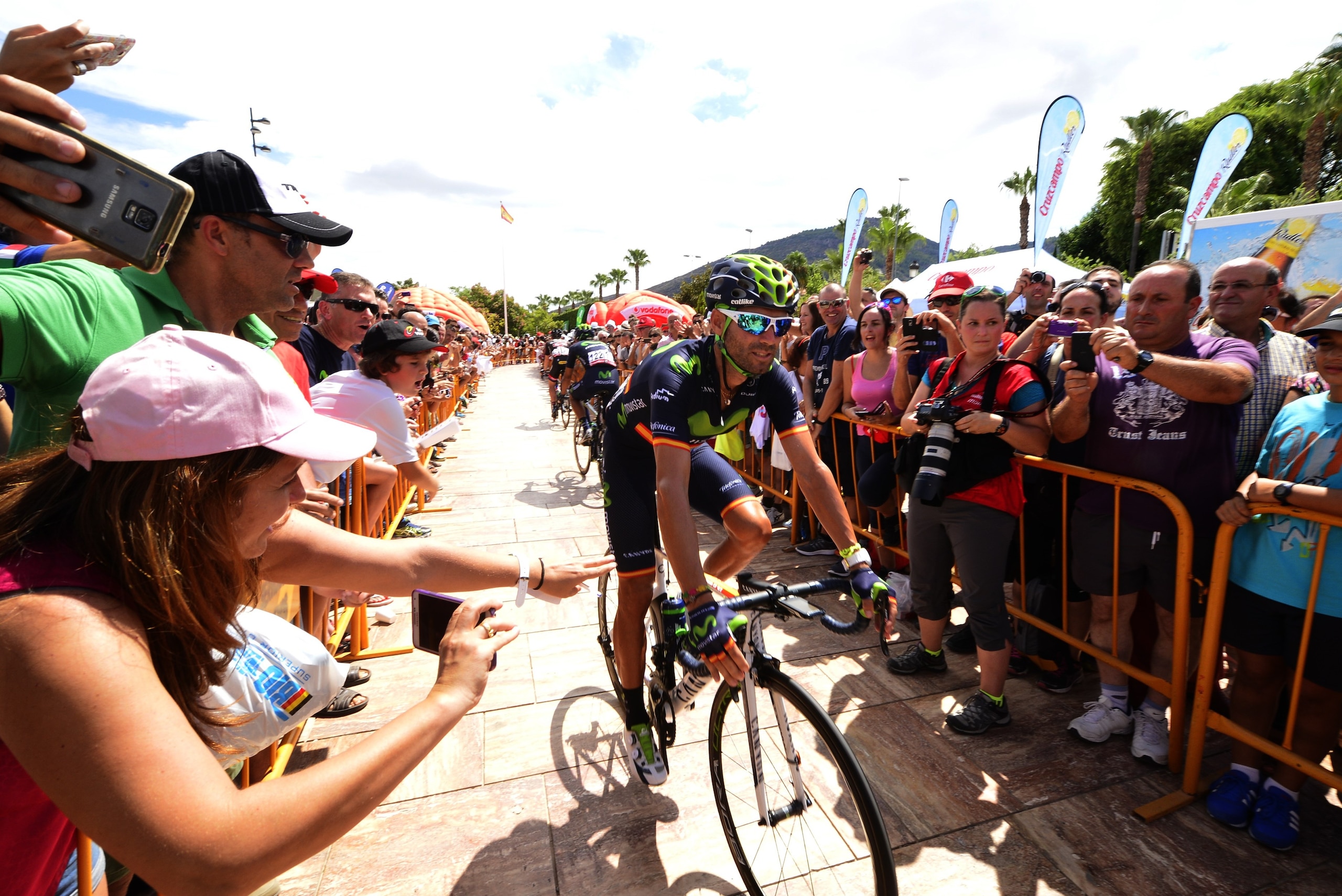 Movistar's Spanish cyclist Alejandro Valverde rides before the second stage of the 2015 Vuelta Espana cycling tour, a 158.7km stage between Alhaurin de la Torre and Caminito del Rey.  AFP PHOTO/JOSE JORDAN        (Photo credit should read JOSE JORDAN/AFP/Getty Images)