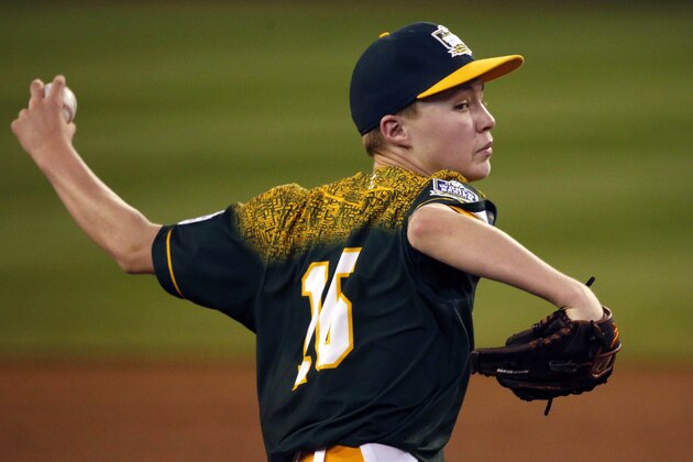 Portland, Oregon's Cooper Shaw delivers during the first inning of an United States elimination baseball game against Cranston, Rhode Island at the Little League World Series tournament in South Williamsport, Pa., Saturday, Aug. 22, 2015. (AP Photo/Gene J. Puskar)