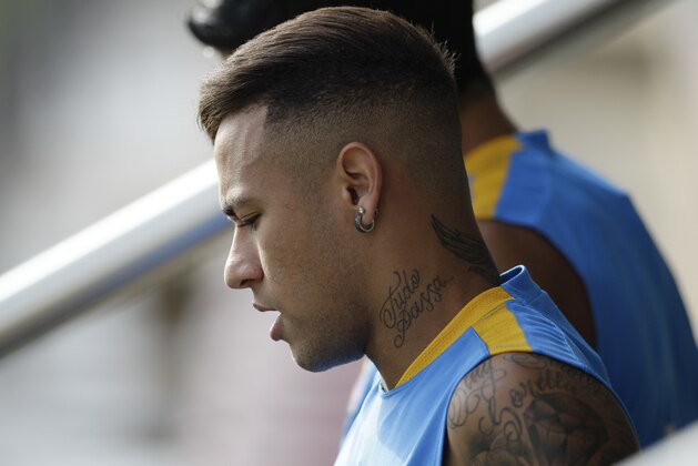 FC Barcelona's Neymar, from Brazil, attends a training session at the Sports Center FC Barcelona Joan Gamper in San Joan Despi, Spain, Saturday, Aug. 22, 2015. (AP Photo/Manu Fernandez)